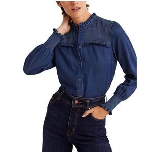 BODEN Dark wash Denim Chambray High Neck Long Sleeve Rushed Blouse Size 10